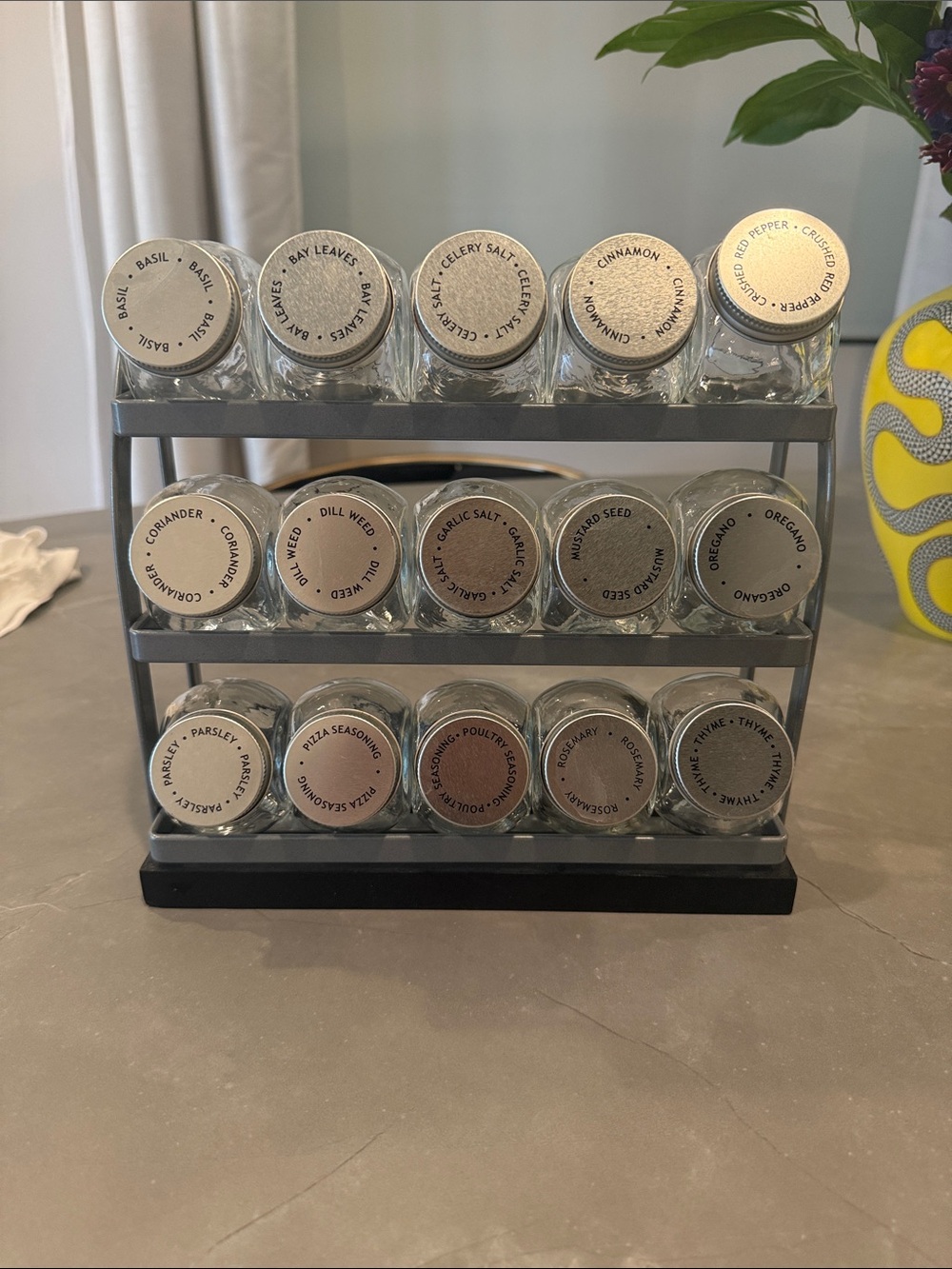 Crate&Barrel Black Spice Rack with Silver Lidded Jars